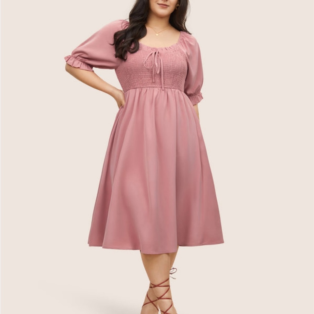 BloomChic Square Neck Shirred Elastic Waist Ties Dress (Color: Watermelon)